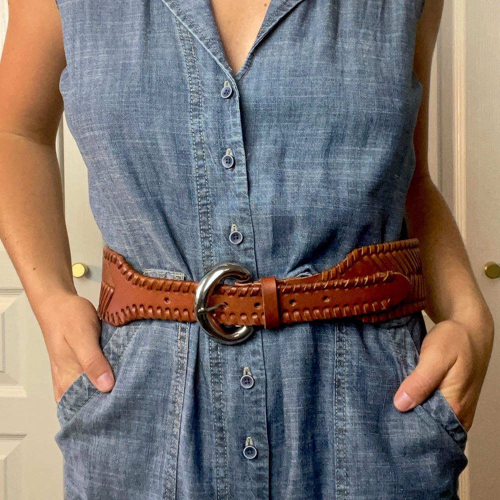 Cleobella Silver Buckle Brown Woven Leather Belt One Size